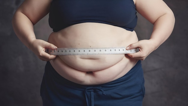 Mulher com excesso de peso medindo sua barriga gorda