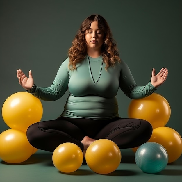 Mulher com excesso de peso praticando ioga e meditação no estúdio