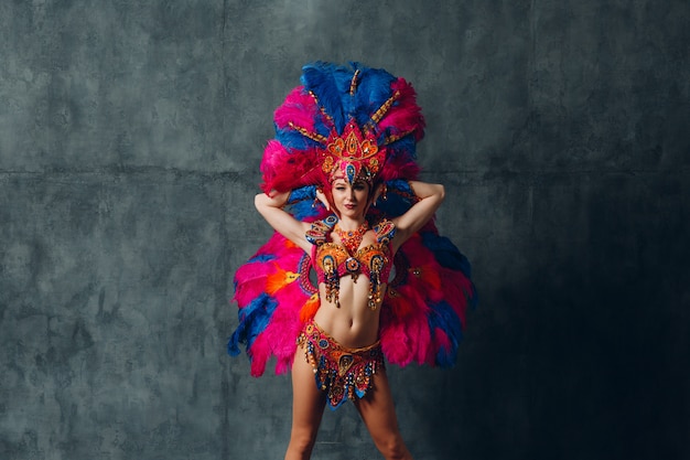 Mulher com fantasia de samba carnaval com plumagem de penas coloridas.