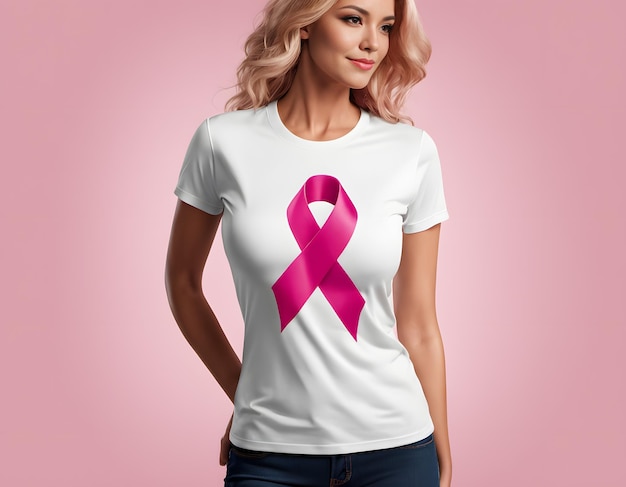 Mulher com fita rosa no peito campanha de conscientização sobre câncer de mama