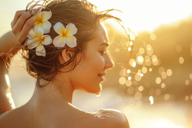 Mulher com flores de frangipani no cabelo na praia IA generativa