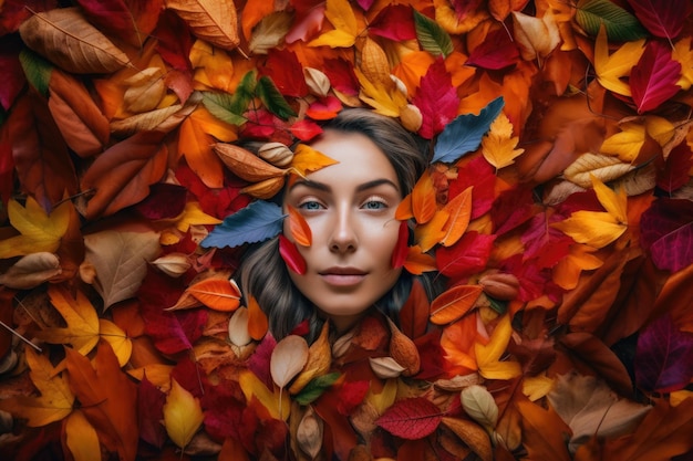 Mulher com folhas de outono coloridas em um retrato Land Art