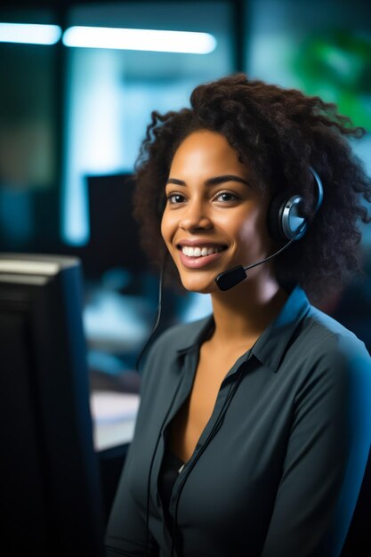 Mulher com fone de ouvido sorri para a câmera