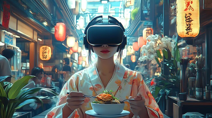 Foto mulher com fone de ouvido vr come em uma rua japonesa