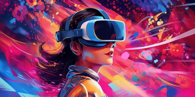 Mulher com fone de ouvido VR explorando o Metaverse Virtual Reality Glasse Technology Generative Ai