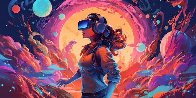 Mulher com fone de ouvido VR explorando o Metaverse Virtual Reality Glasse Technology Generative Ai