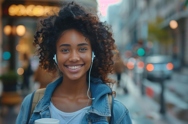 Mulher com fones de ouvido e uma chávena de café