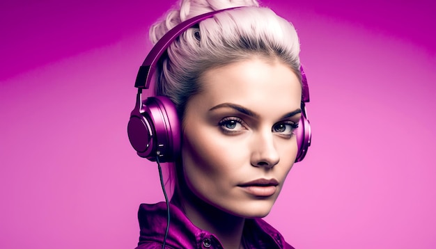 mulher com fones de ouvido em tecnologia ai generativa de fundo magenta ou rosa