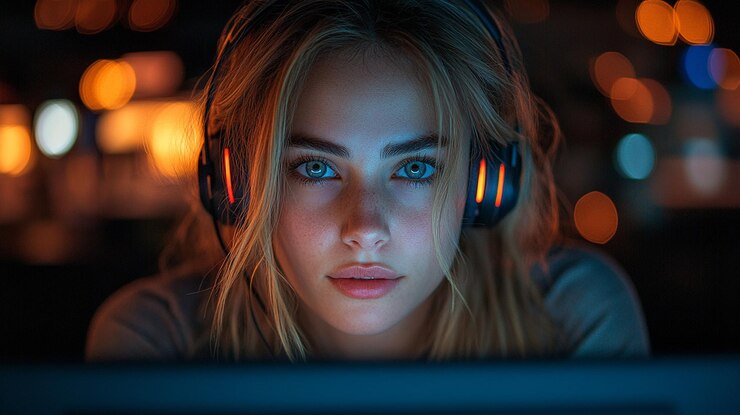Mulher com fones de ouvido focados no computador à noite com luzes da cidade