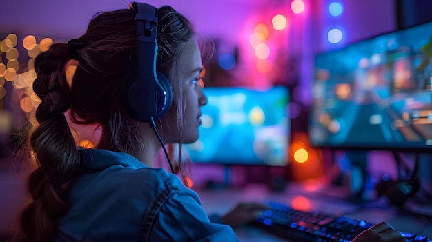 Mulher com fones de ouvido usando uma tela de computador para jogar videogame