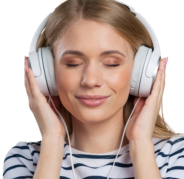 Mulher, com, fones ouvindo música