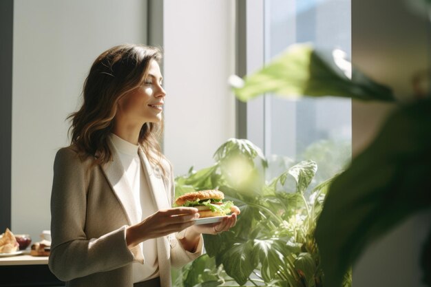 Mulher com hambúrguer vegano perto da janela do escritório