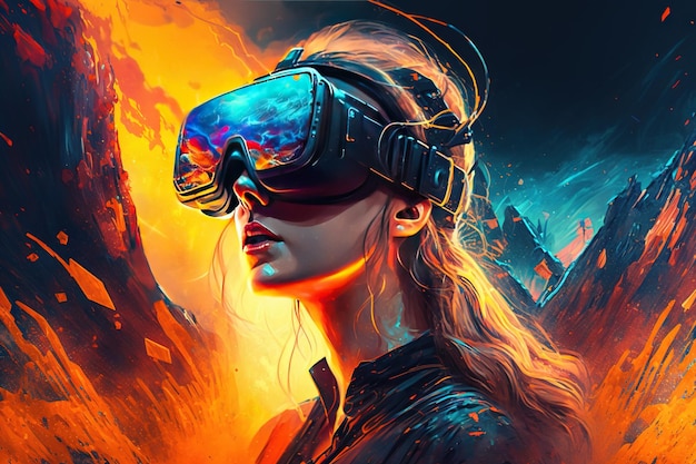 Mulher com headset VR explorando o metaverso