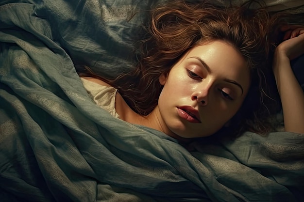 Mulher com insônia deitada na cama com os olhos abertos IA generativa