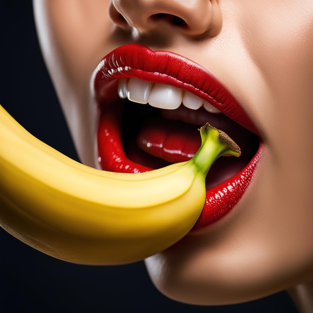 Mulher com lábios vermelhos a comer banana