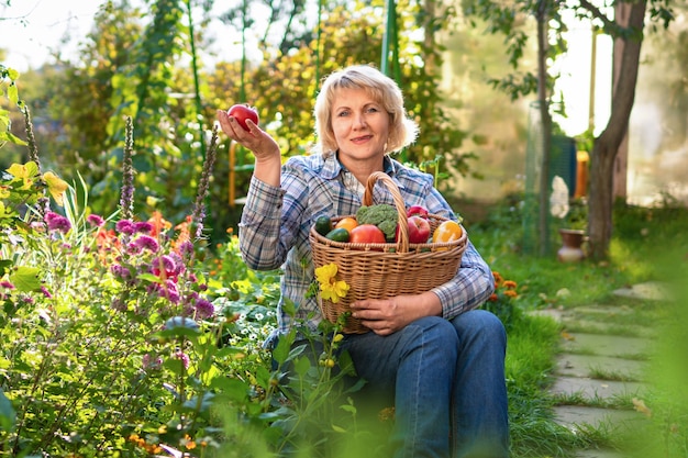 Mulher com legumes frescos em uma cesta no jardim no outono