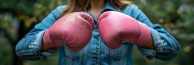 Mulher com luvas de boxe cor-de-rosa mostrando força e resiliência contra o câncer Conceito Conscientização sobre o câncer de mama Força e Resiliência Capacitando as mulheres Luvas de boxe rosas lutando contra o câncer