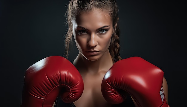 Mulher com luvas de boxe vermelhas segurando suas luvas de boxe