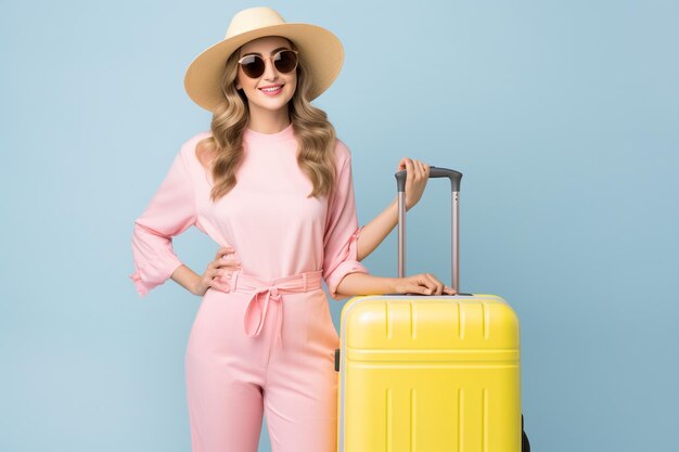 mulher com mala pronta para viagens de verão isolado no branco