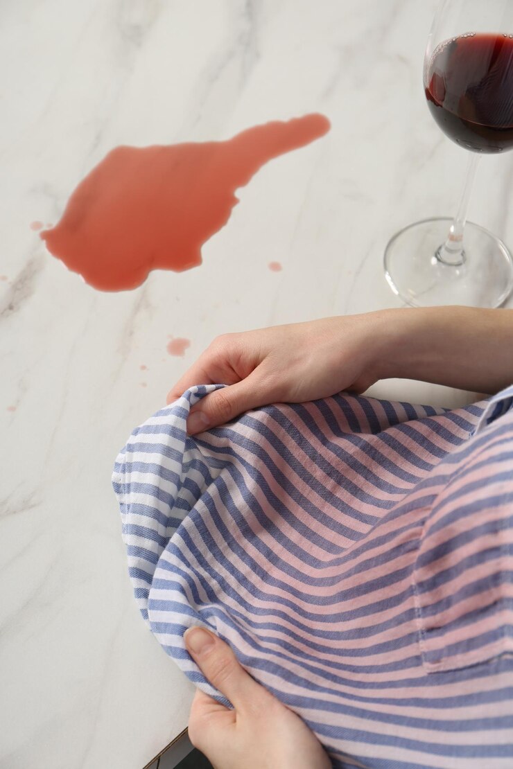 Foto mulher com mancha de vinho na camisa e vinho derramado na mesa de mármore branco dentro de casa acima da vista