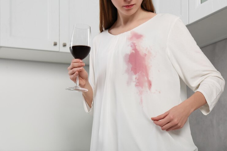 Foto mulher com mancha em suas roupas e um copo de vinho dentro de casa em close-up
