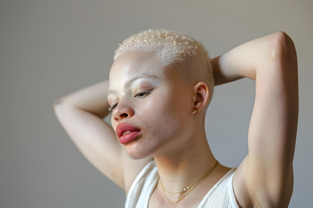 Mulher com maquiagem branca e colar 13 de junho Dia Internacional de Conscientização sobre o Albinismo