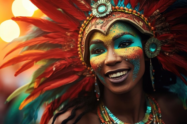 Mulher com maquiagem colorida e decorações de carnaval