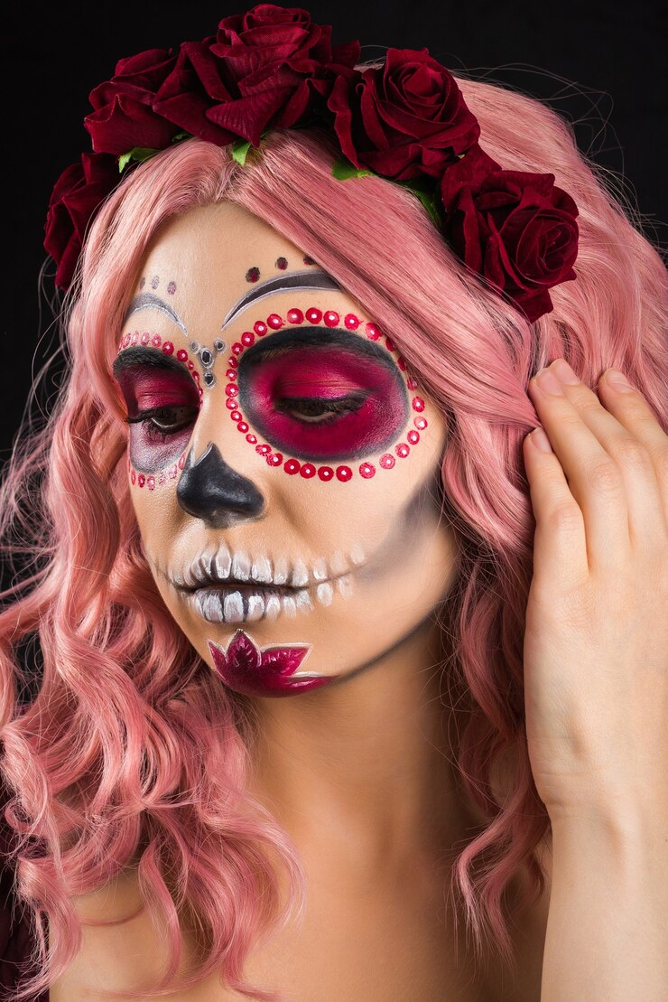 Foto mulher com maquiagem de caveira de açúcar e cabelo rosa isolado no fundo preto. dia dos mortos. dia das bruxas. copie o espaço.