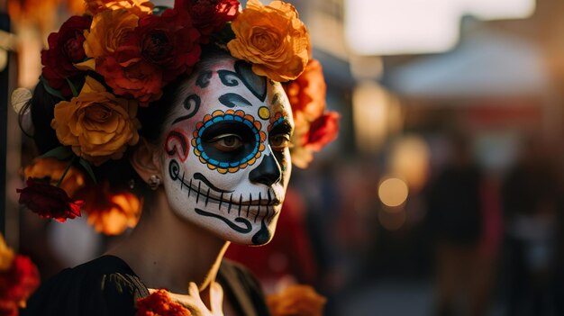 Mulher com maquiagem e trajes típicos mexicanos em um cemitério