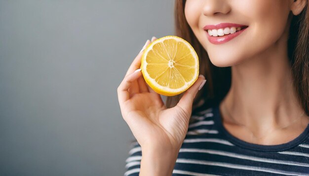 Foto mulher com maquiagem impecável segurando frutas cítricas simbolizando vitalidade e saúde
