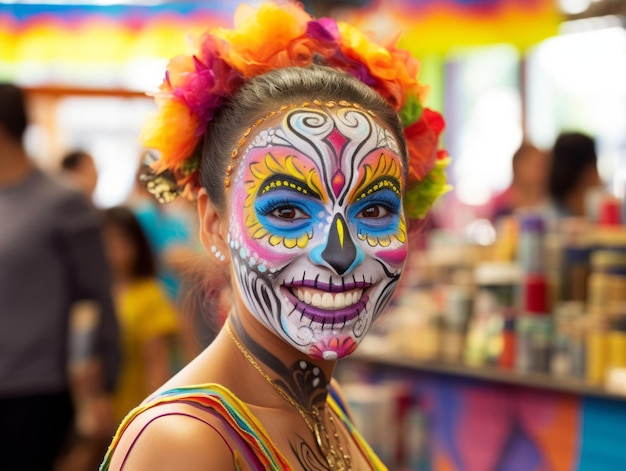 mulher com maquiagem vibrante de calavera comemora o Dia dos Mortos