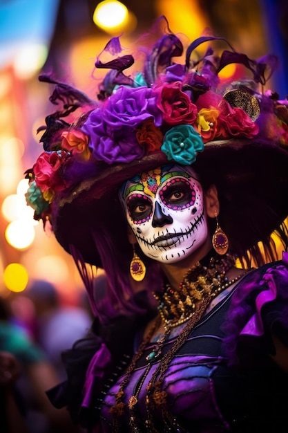 mulher com maquiagem vibrante de calavera comemora o Dia dos Mortos