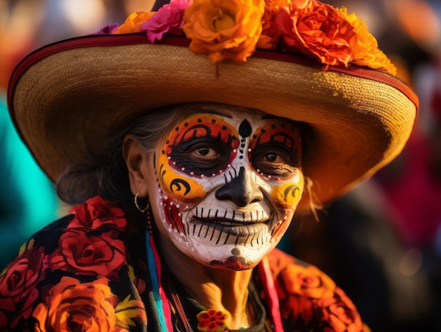 mulher com maquiagem vibrante de calavera comemora o Dia dos Mortos