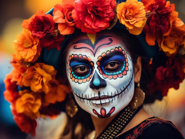 mulher com maquiagem vibrante de calavera comemora o Dia dos Mortos