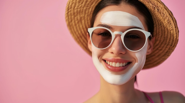 Mulher com máscara facial e óculos de sol creme de beleza no rosto spa como tranquilidade contra um fundo amarelo ensolarado