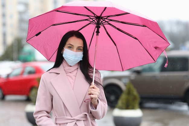 Mulher com máscara médica protetora segurando guarda-chuva nas mãos.