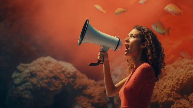 Foto mulher com megafone de pé em coral