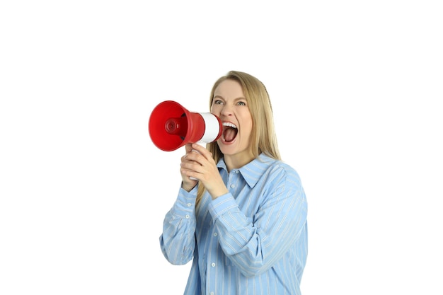 Mulher com megafone isolado no fundo branco