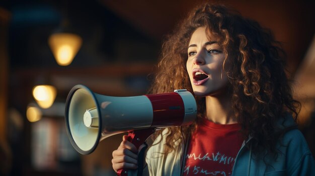 Foto mulher com megafone vermelho e branco