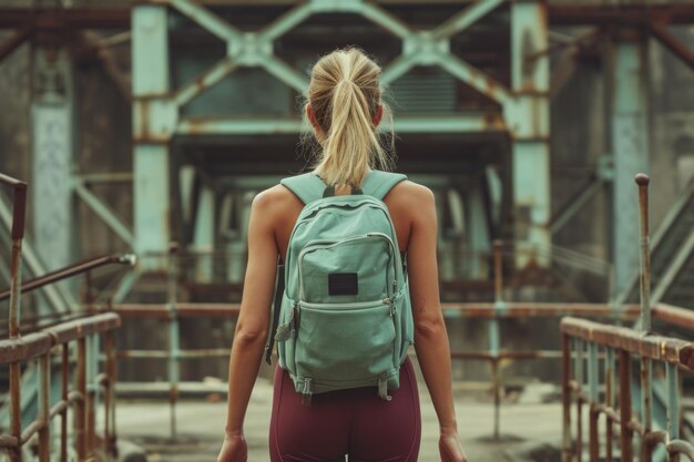 Mulher com mochila de frente para uma ponte contemplando uma viagem