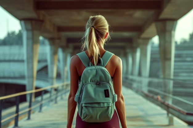 Mulher com mochila de frente para uma ponte contemplando uma viagem