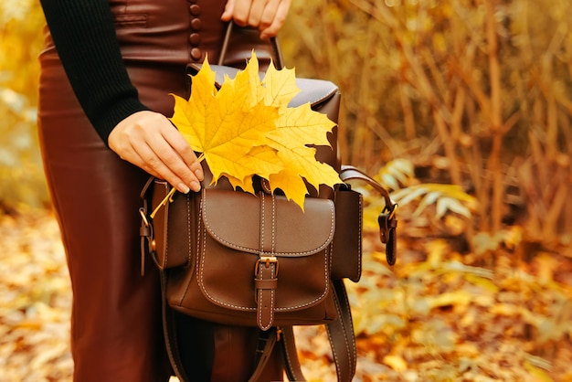 Mulher com mochila e folhas em seu buquê de mão de outono amarelo deixa mulher elegante em um burgun ...