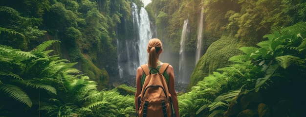 Mulher com mochila em frente a uma cachoeira