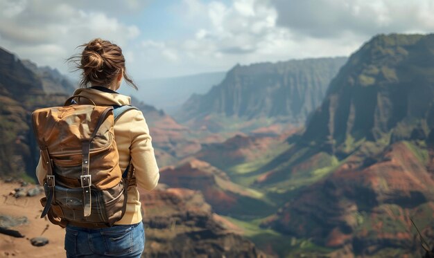 Foto mulher com mochila olha para o pôr-do-sol sobre o desfiladeiro montanhoso