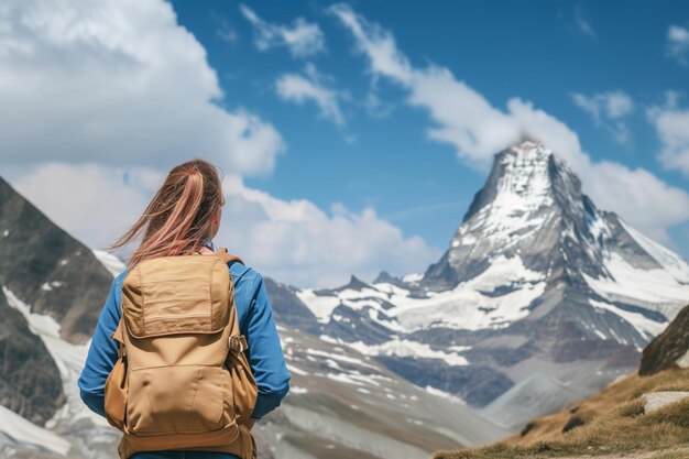 Mulher com mochila olhando para o pico da montanha