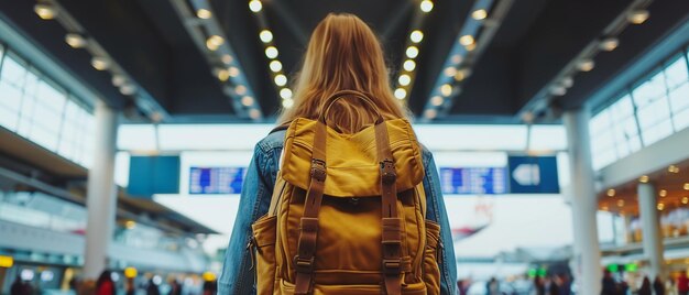 Mulher com mochila olhando para o quadro de partidas