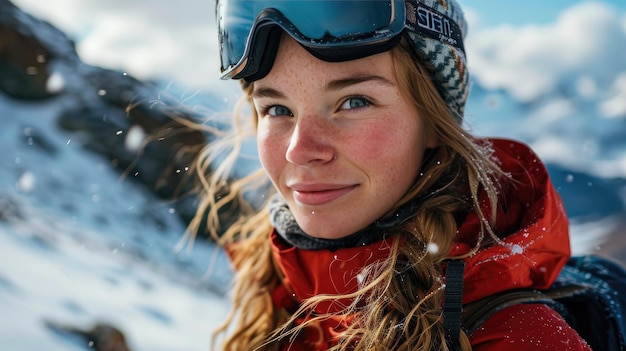 Mulher com óculos de esqui e capacete de esqui na montanha de neve