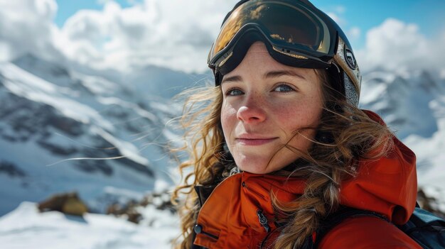 Mulher com óculos de esqui e capacete de esqui na montanha de neve