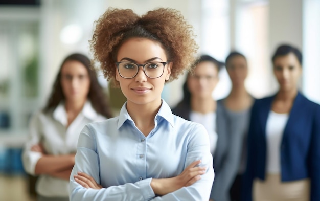 Mulher com óculos de pé na frente do grupo