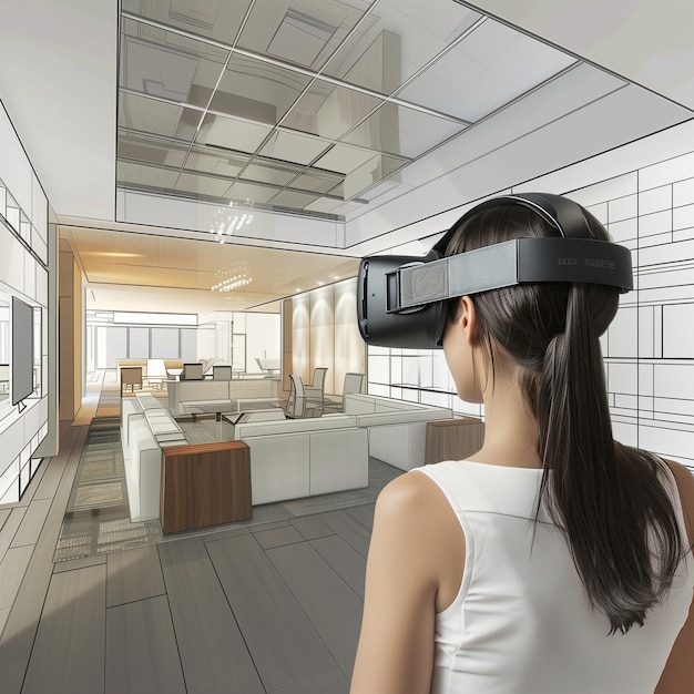 Mulher com óculos de realidade virtual olhando para o design de interiores